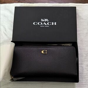 Coach Long Zip Around leather Wallet with Gold Accent and detachable strap